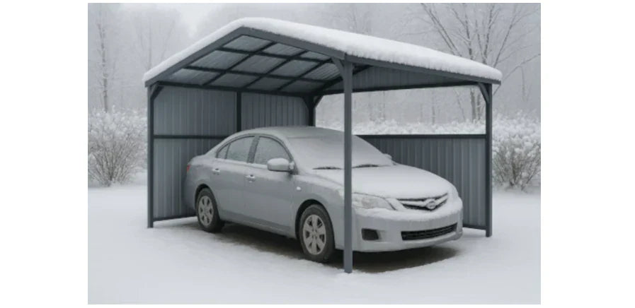 value of carports during winter months-Car parked under a metal carport in a snowy landscape