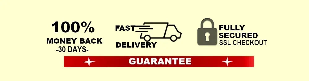 Promotional banner with money-back guarantee, fast delivery, and secure checkout assurances on a beige background.