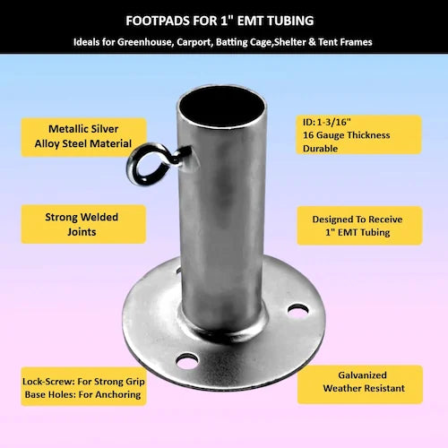 Tent footpad with lock screw for 1-inch EMT tubing – secure screw-on rubber feet for stable tent base