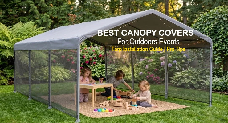 Outdoor canopy tent with children playing inside, surrounded by greenery.
