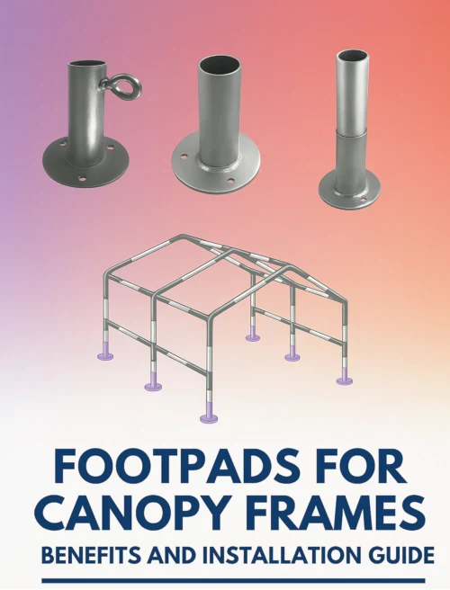 Collection of metal posts and canopy footpads on a white background