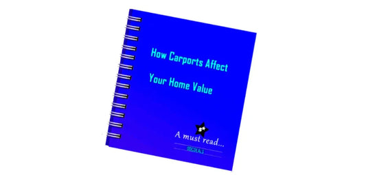 Blue notebook titled 'How Carports Affect Your Home Value' on a white background