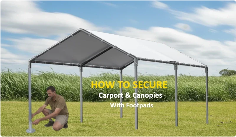 Carport structure with tools and gloves, indicating how to secure carport and canopies.