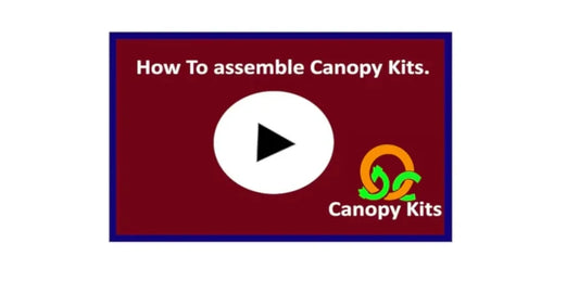 Red banner with text 'How To assemble Canopy Kits' and a video play button icon on a white background.