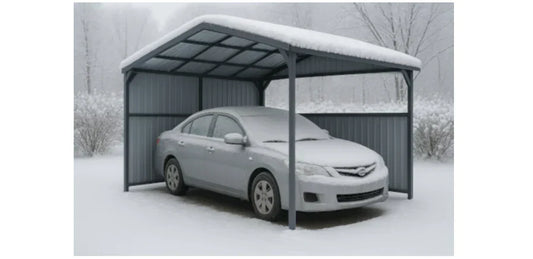 value of carports during winter months-Car parked under a metal carport in a snowy landscape