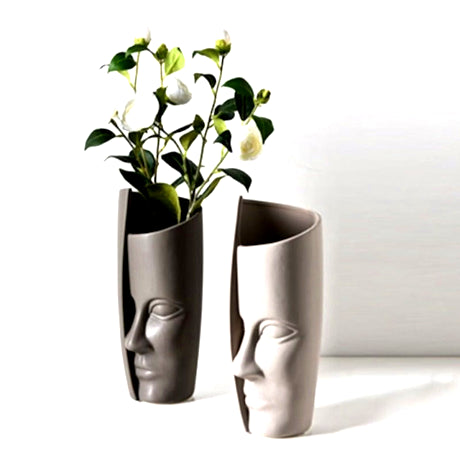 Two face-shaped vases with plants inside on a white background