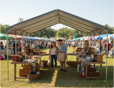 People shopping at an outdoor market under a large canopy.