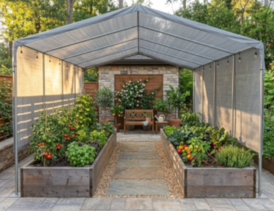 Garden shed with raised vegetable beds and a stone pathway