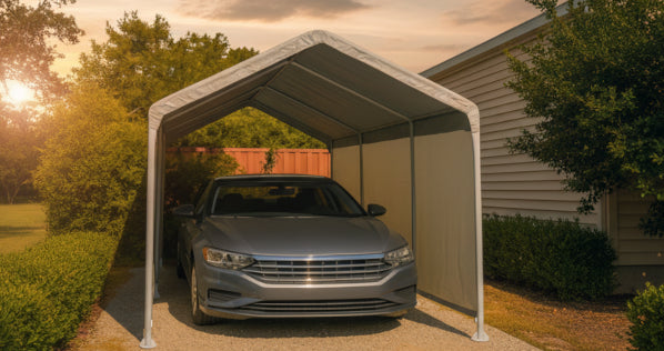 Car parked under a portable carport with a sunset in the background