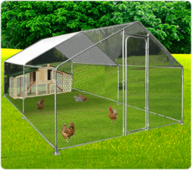 Large 12x30 ft outdoor chicken coop with a roof on a grassy area.