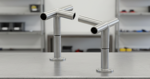 Two slant roof canopy brackets with footpads on a table