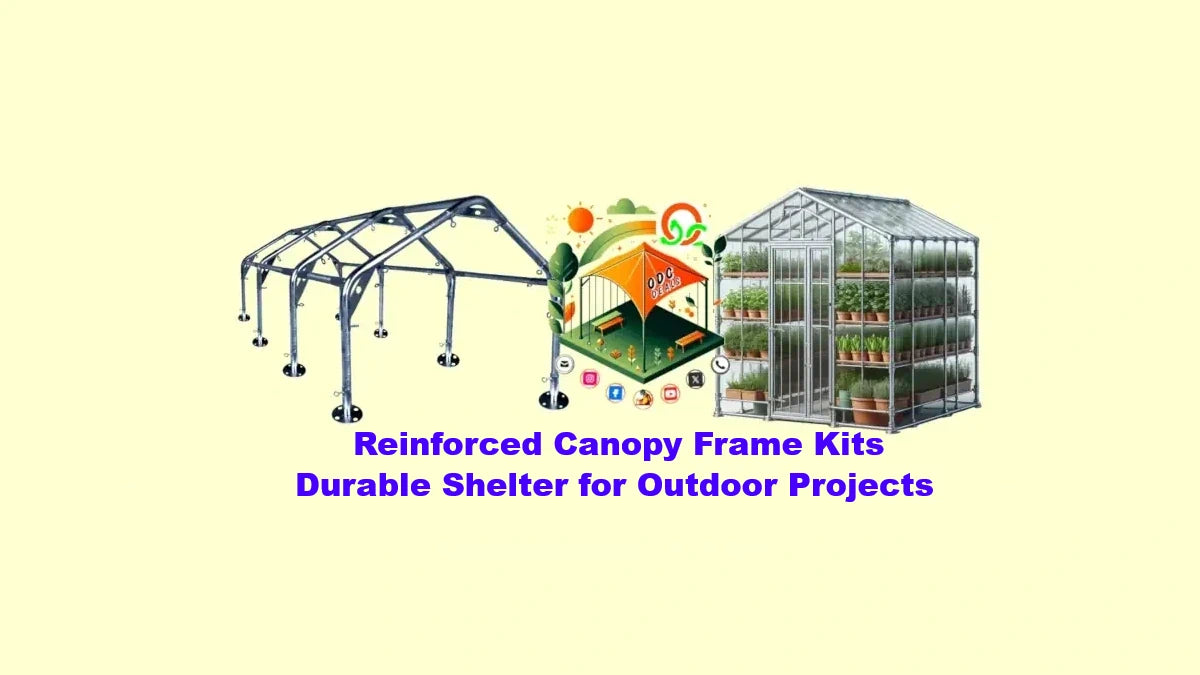 Reinforced canopy frame kits for outdoor projects on a beige background