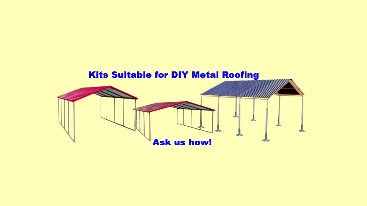Diagram of metal roofing kits on a beige background with text inviting inquiries.