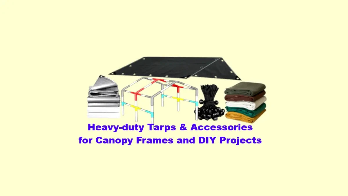 Collection of heavy-duty tarps and accessories on a beige background with text about their uses.