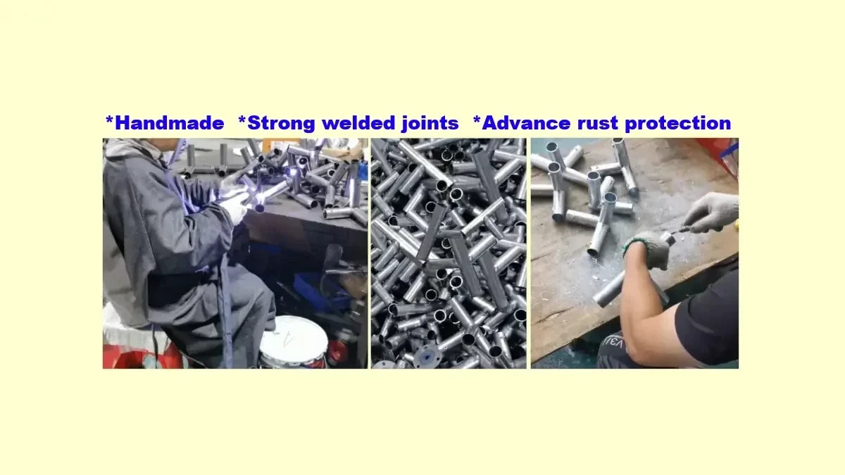 Collage of images showing metalworking processes with text about strong welded joints and rust protection.