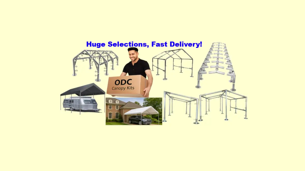 Advertisement for ODC Canopy Kits with man holding a box and images of canopies on a beige background.