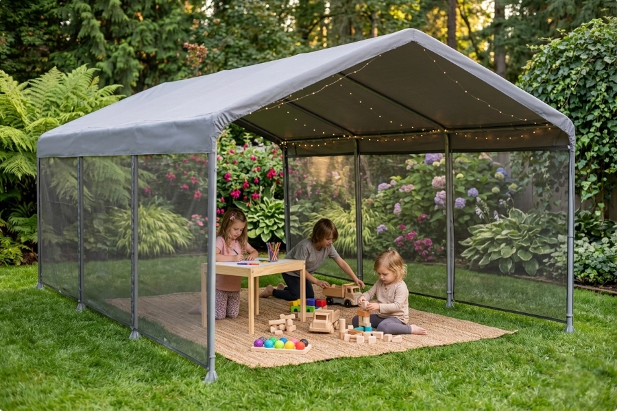 Children playing inside a large outdoor playhouse with a screen wall in a garden setting.