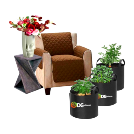Brown armchair with a small table and vase of flowers, surrounded by Grow Bags with plants on a white background.