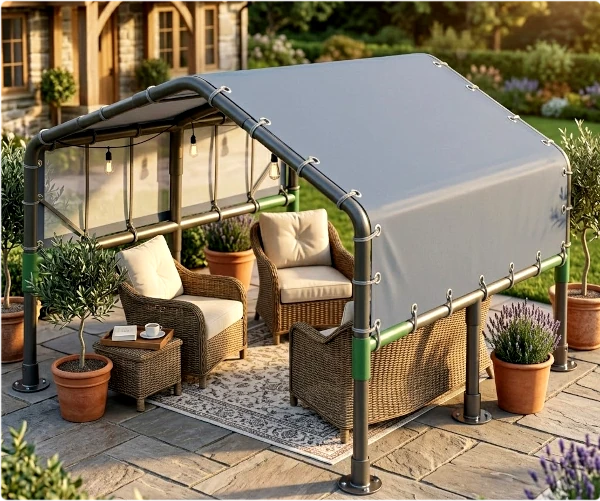 Over side wall Outdoor carport canopy patio with wicker furniture, and plants.