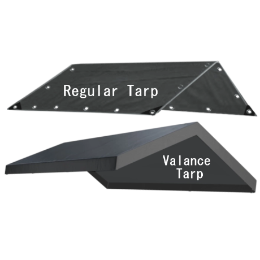 Two black tarps labeled 'Regular Tarp' and 'Valance Tarp' .