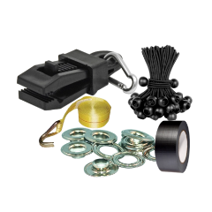 Collection of tarp accessories and  repair tools including a black clip, yellow strap, black bungee ties, metal grommets, and black tape from odcdeals