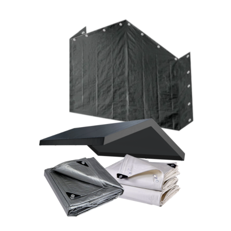 Gray tarpaulin with a folded white tarp on a white background