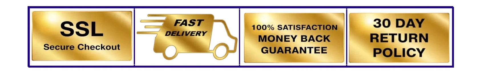 Set of icons representing satisfaction guarantee, return policy, fast delivery, and secure checkout.