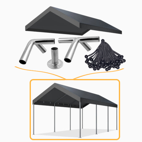 Gazebo kit components including a roof, metal fittings, and black bungee cords on a white background.