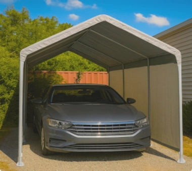 Car parked under a odcdeals carport with valance tarp on a sunny day
