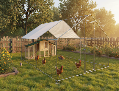 Chicken coop with a transparent roof in a garden setting with chickens