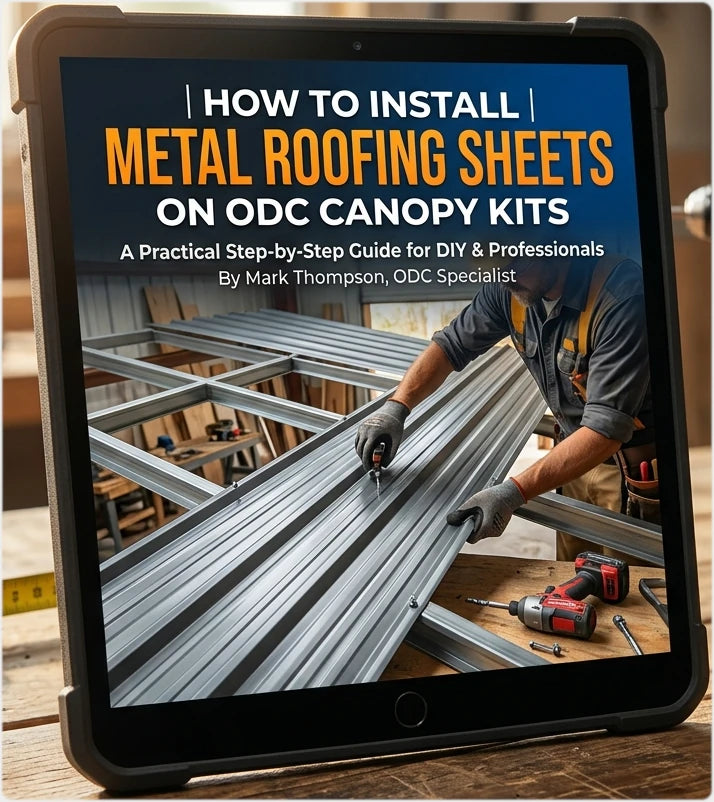 Ebook cover on a tablet showing a person installing metal roofing sheets with text about installation guide.
