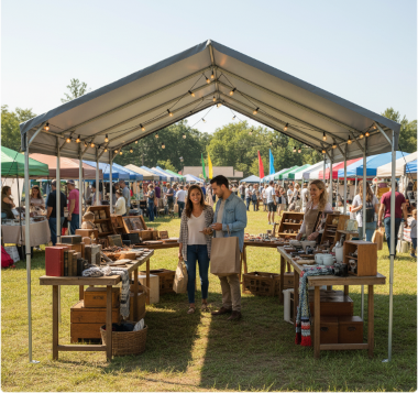 People shopping at an outdoor market under a large odcdeals canopy tent.