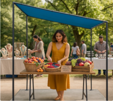 Woman sheltered under slant-roof shade arranging fruits at an outdoor market stand with people in the background. Odcdeals shades