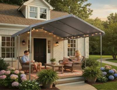 People sitting on a porch with a retractable awning, surrounded by flowers and plants.