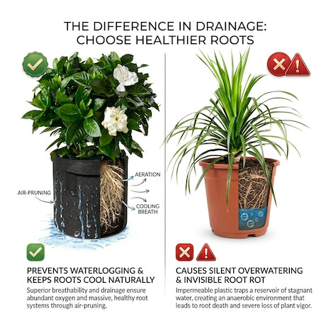 Comparison of plant drainage systems with healthy and unhealthy root conditions.