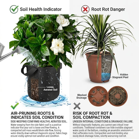 Comparison of a healthy plant in a fabric pot with a plant in a traditional pot showing root rot danger.