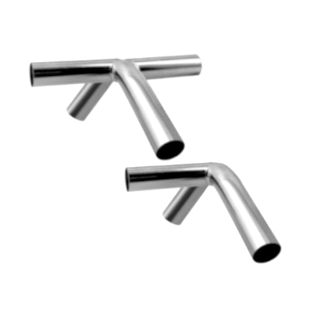 Two steel canopy pipe fittings on a white background