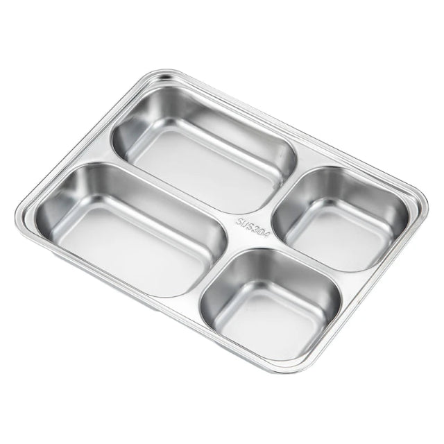 Stainless steel compartment tray on a white background