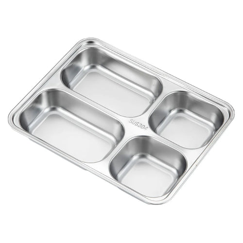Stainless steel compartment tray on a white background